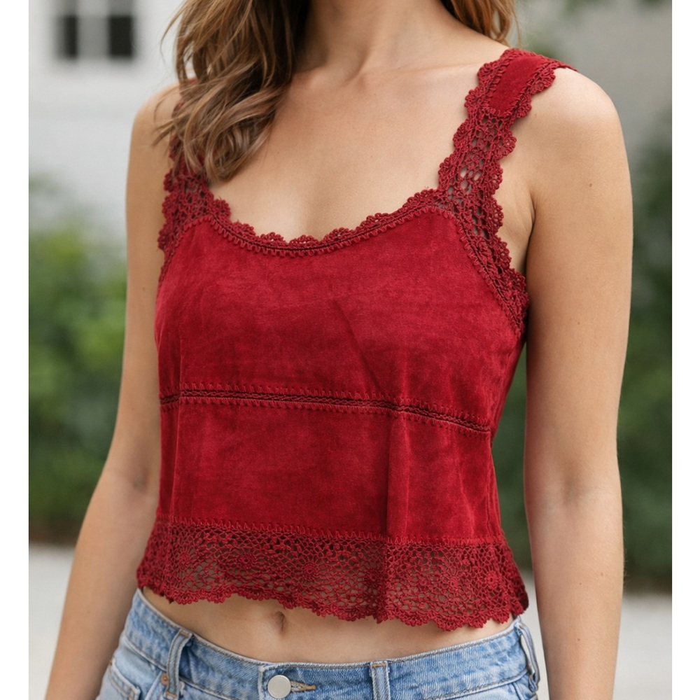 Lew Magram Vintage Suede And Crochet Bohemian Tank Top
